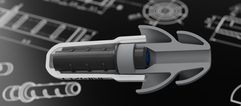 Technical image of cutaway earplug with blueprint in background
