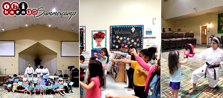 Children and adults training karate in disciplined martial arts environment OBISUMMER SUMMERCAMP