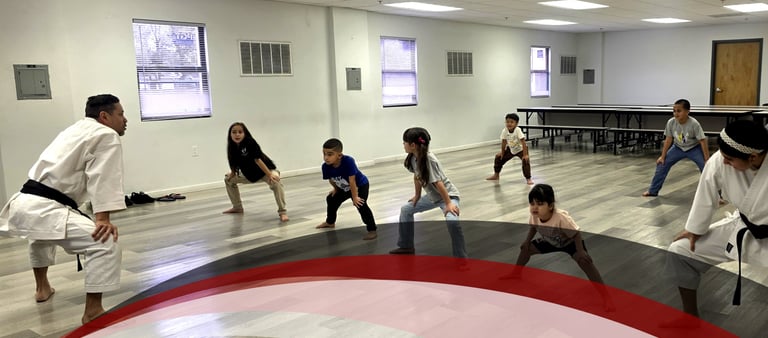 POK students practicing traditional Goju Ryu karate techniques