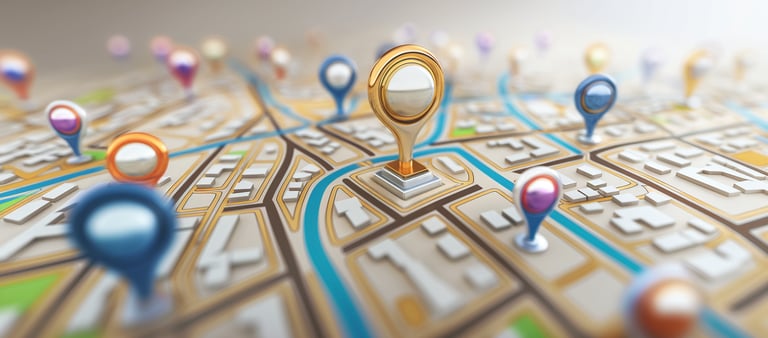 a map of a city with pins and pins on it, with a big main pin in the middle