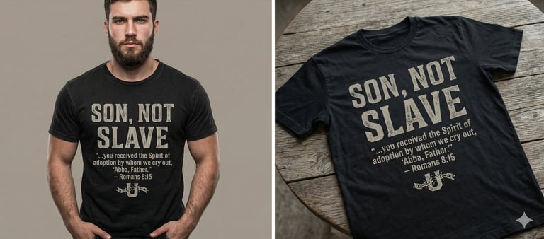 Bearded man wearing a black Son Not Slave t-shirt with Romans 8:15 bible verse text.