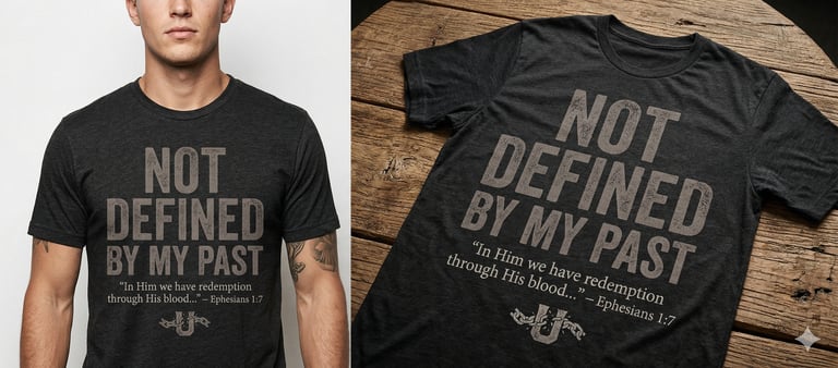 A man wearing a charcoal grey graphic t-shirt featuring the Christian quote Not Defined By My Past and Ephesians 1:7 bible