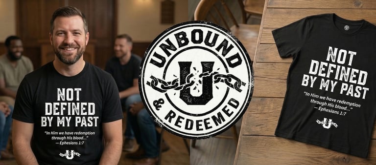 A man wearing an Unbound & Redeemed christian t-shirt featuring Ephesians 1:7 and the message Not Defined By My Past.