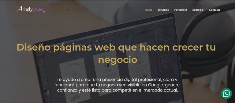 Página web de Arhely Digital mostrando servicios de diseño web profesional para negocios.