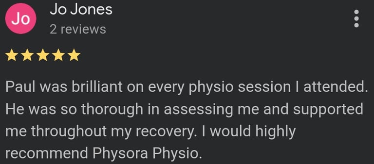 Physora Physio Google review for sports injury physiotherapy in Neath