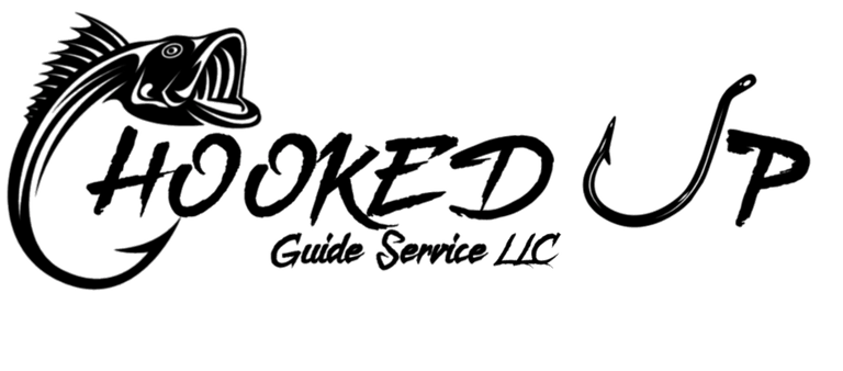 Hooked Up Guide Service LLC logo featuring a large mouth bass and a fishing hook in black and white.