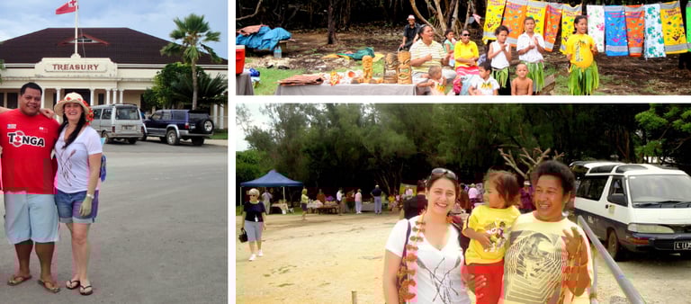 Autora com moradores locais na entrada dos blowholes e no fim do tour em Nuku’alofa, Tonga