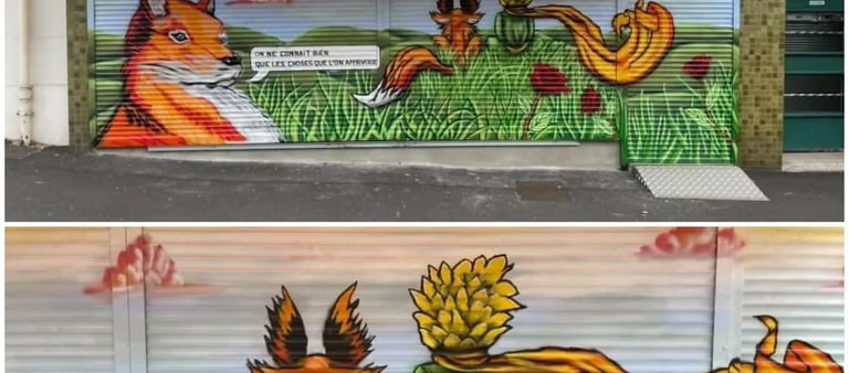 un graffiti qui représente un renard avec le petit prince de dos