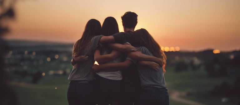four person hands wrap around shoulders while looking at sunset