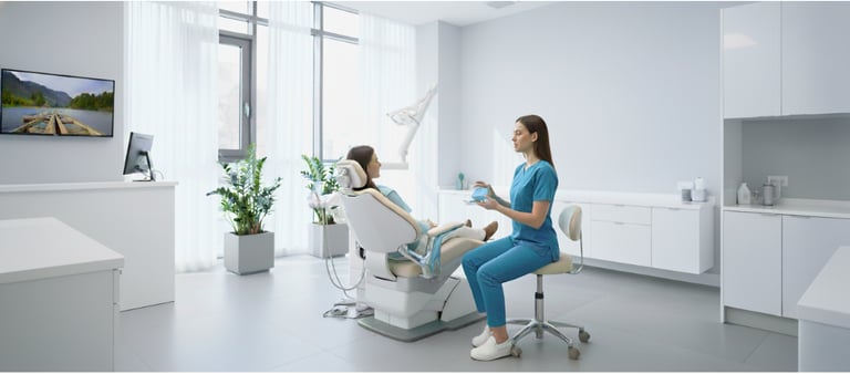 Una dentista con alineadores transparentes explicando el tratamiento a una paciente en el sillón