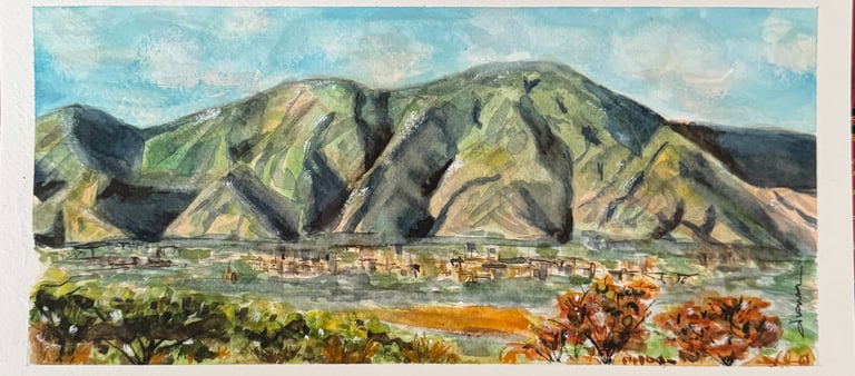 a painting of a mountain scene with a plane flying over a mountain