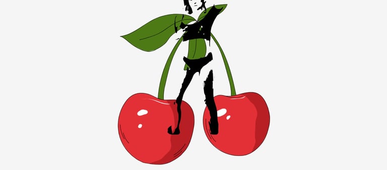 a pair of cherries with Apple Jucy Ink on a white background