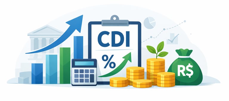 Ilustração financeira do CDI com gráfico de crescimento, moedas e saco de reais