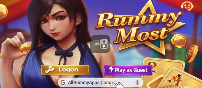 Rummy Most online card game app interface featuring a female character and play as guest login buttons.