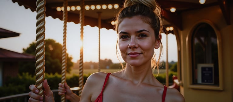 Flux - a woman in a red dress on a carousel