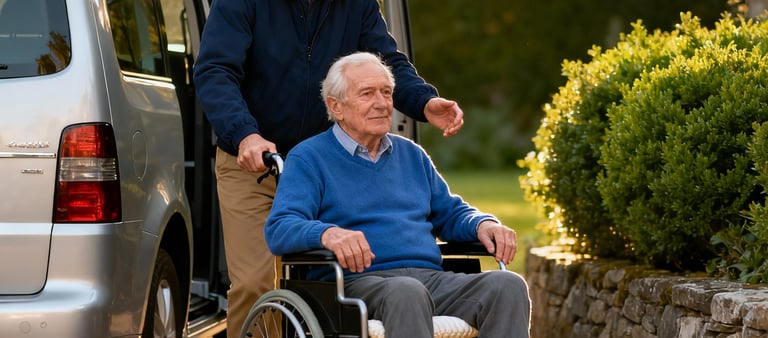 Ben Fahrdienst: Engagierter Fahrer begleitet Kunden im Rollstuhl bis zur Haustür in Berlin.