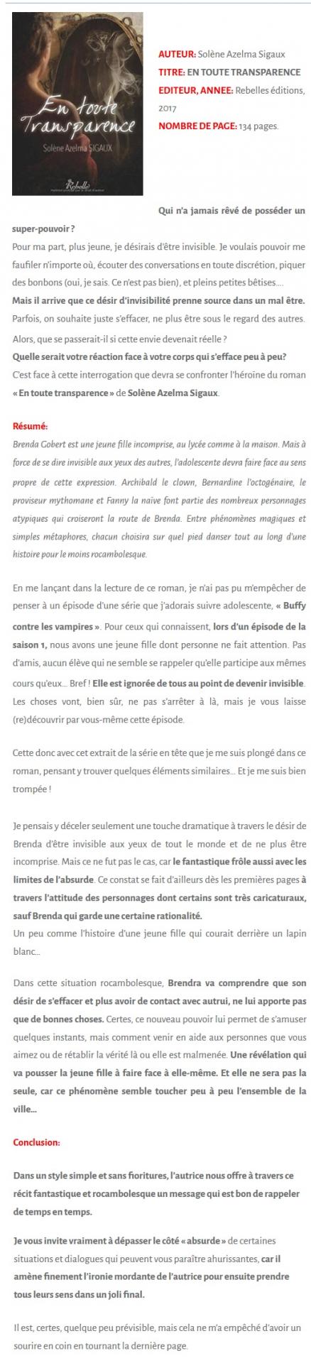 chronique livre en toute transparence azelma sigaux koliane books