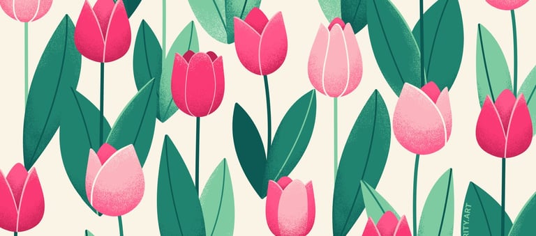 a bunch of pink tulips with green leaves