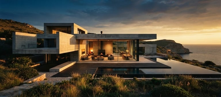 Wide panoramic architectural render of a minimalist concrete villa at sunset, dramatic low-sun golden hour light casting long shadows, warm interior glow, medium format film aesthetic.