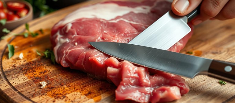 a sharp knife in hand, trimming excess fat from raw meat 