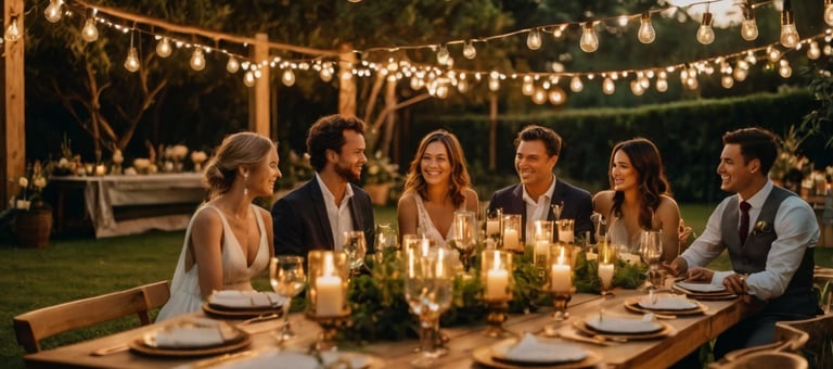 Dîner de mariage intimiste en extérieur avec guirlandes lumineuses