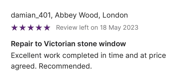 Five-star customer review for a Victorian stone window repair in Abbey Wood, London.