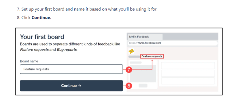 Image of user guide writing sample from Glen Cadorette: Set up Your First Board page.