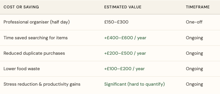 Table showing cost and savings of hiring a professional organiser for home decluttering.