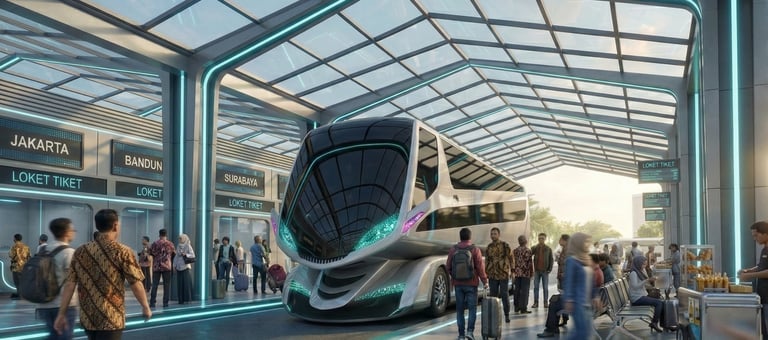 A futuristic bus terminal setting showcasing the Lamalera AS1 Bus Concept