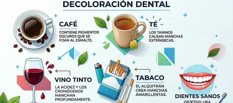 Infografía en español sobre causas de la decoloración dental como café, té, vino tinto y tabaco para una sonrisa brillante.