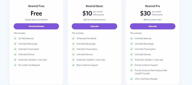 a pricing page for a website rewindai that has been designed to look like a website