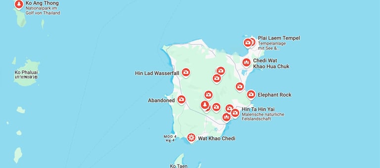 Map of photo shoot locations on the island of Samui, Thailand.