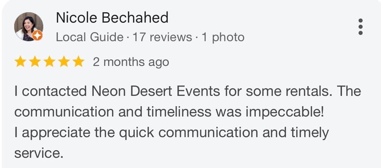 5 star review for event rentals in Las Vegas from Neon Desert Events