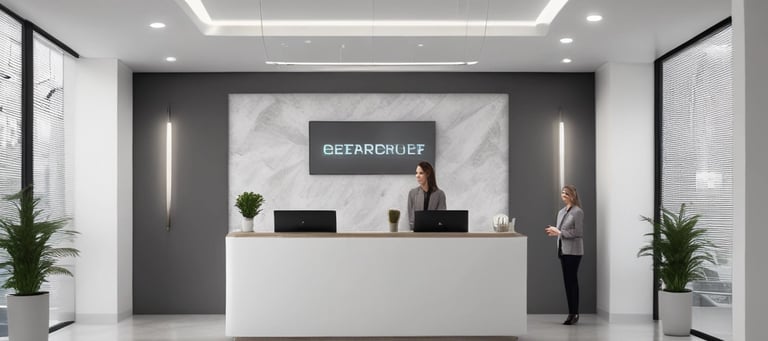 Friendly receptionist welcoming guests at a business front desk