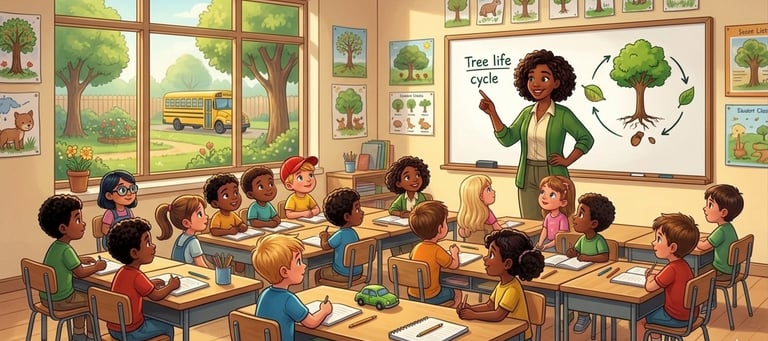 A teacher explaining the tree life cycle on a whiteboard to elementary students in a bright classroom.