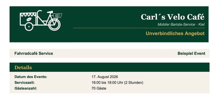 Kopfzeile eines unverbindlichen Angebots von Carl’s Velo Café für ein Beispiel-Event am 17. August 2