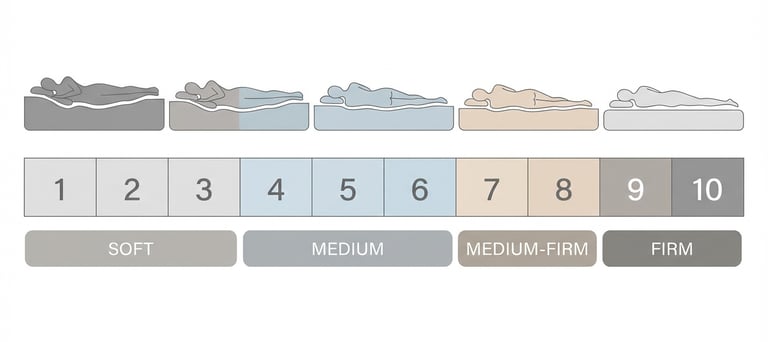 Mattress firmness scale showing body sinkage levels from soft (1-3) to medium (4-6) to medium-firm (