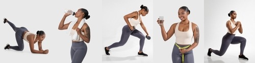 A collage of a woman in fitness apparel performing lunges, leg lifts, and drinking water for a healthy lifestyle.