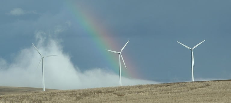 Wind turbines with clouds and a rainbow