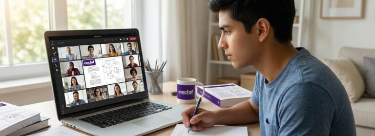 Joven Profesional tomando cursos virtuales en vivo con Ceclaf