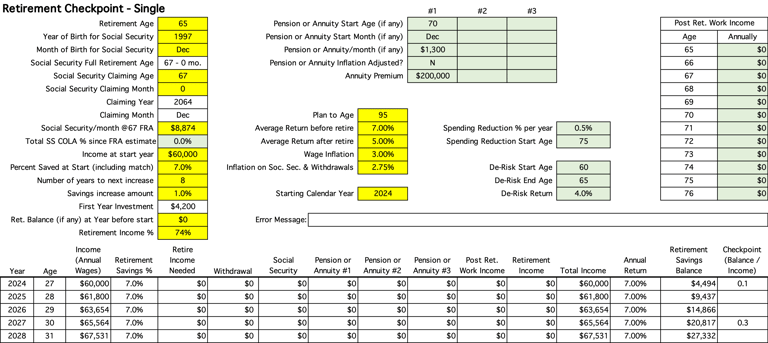 Retirement Checkpoint spreadsheet entry form