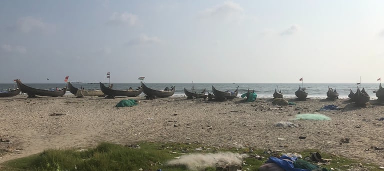 Fishing boats on the beach at Kochi, Kerala, India