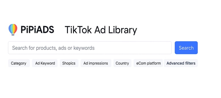A screenshot of the PiPiADS TikTok Ad Library interface, showing the search bar and filter options.