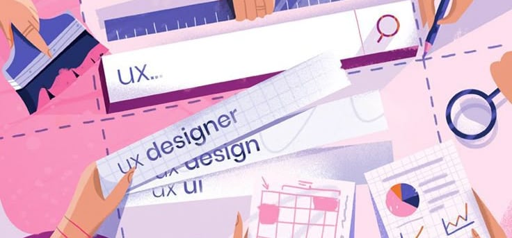 Ilustrasi desainer UX yang berkolaborasi dalam merancang pengalaman dan antarmuka pengguna