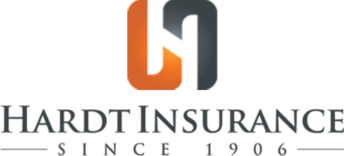 Orange and gray interlocking shapes forming an "H" above "Hardt Insurance Since 1906".