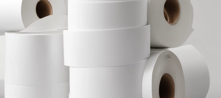 A modern barcode printer actively printing labels in a bright workspace.