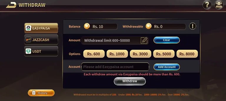 Withdraw Screen - Royal 21 Club.