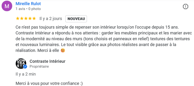 Un avis laiss par la cliente du projet living , rénovation d'un espace salon/salle à manger