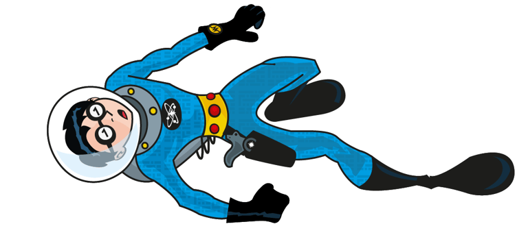 Cartoon astronaut in a blue futuristic space suit floating on a black background.