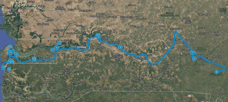 Route map 18-Day Bird Photography Tour in Gambia and Senegal – Niokolo-Koba National Park